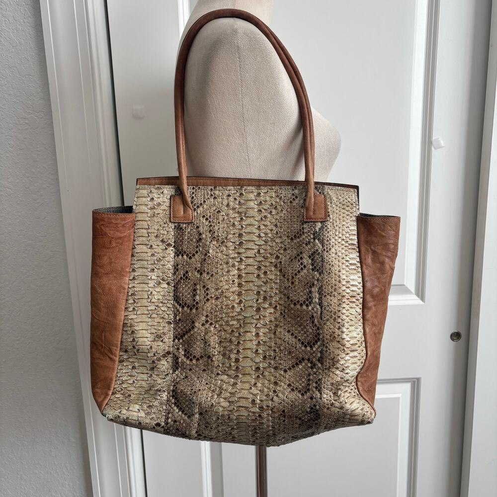 B. May Python Snakeskin Leather Tote Bag Tan Brown Large Shoulder Handbag